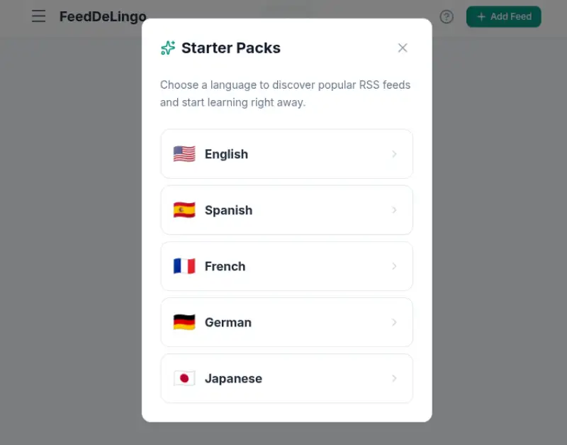 FeedDeLingo起動後は"Try a Starter Pack"で今すぐ学習が始められます。